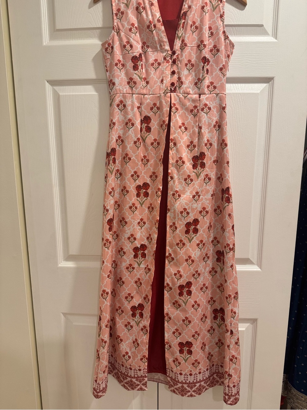 Sleeveless Pink and Maroon Floral Maxi Dress with Red Underlay. .